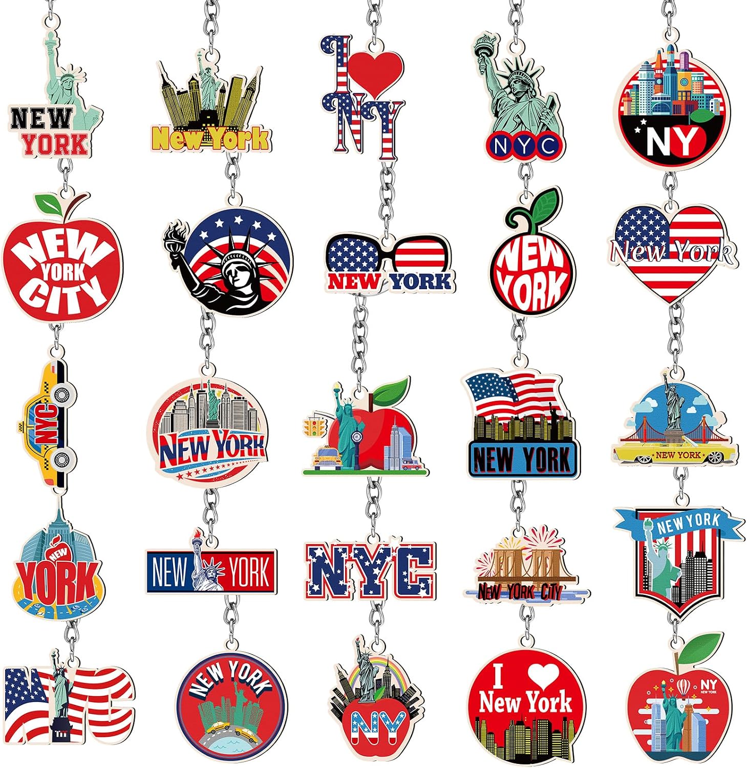 Sureio 25 Pcs New York Keychain Souvenirs Collection Gifts American Patriotic Metal Keyrings USA Souvenir Collection Bulk